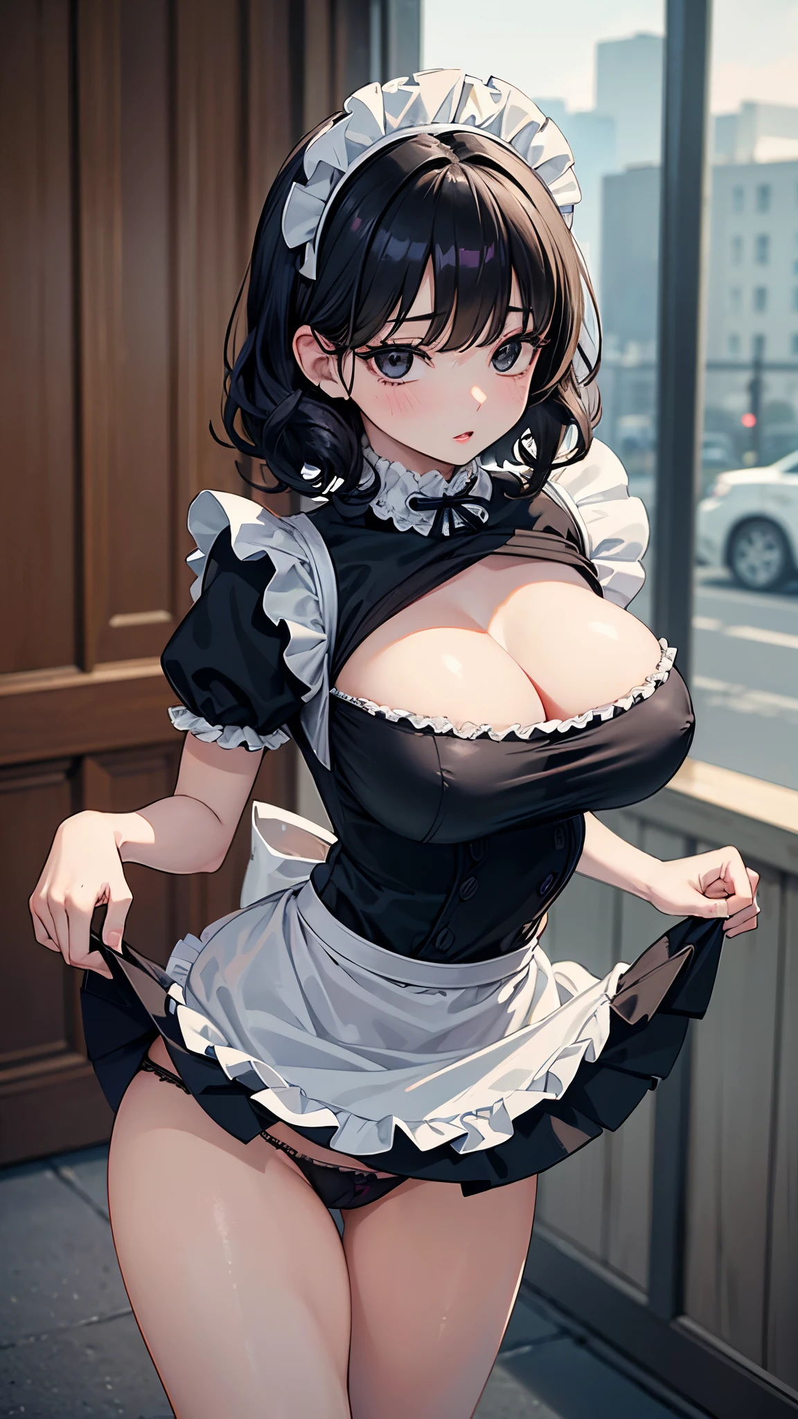(masterpiece, 最high quality, 超High resolution, Very detailed), (Realistic:1.1, photoRealistic:1.4), Perfect illustration, Perfect lighting,Perfectly detailed hair, Perfect and exquisite face, Perfect collarbone, Perfect body,Juicy ???????, Perfect Thighs, Beautiful legs, View your audience, 1 person,Perfect Face, (Perfect ???????, Anatomically correct), Symmetrical face、((Shiny Hair)),???? Body、(masterpiece),(最high quality：1.3),8k,Very clear,(Ultra-realistic),Captivating woman,(high quality, High resolution, The finer details), Realisticなスタイルの女性,Juicy ???????、Perfect Woman、Perfect Face、Symmetrical face、Baby Face、((???????????))、blush、((Juicy lips))、Cowboy Shot、(((Short curly black hair)))、((Large, double-set black eyes、Long eyelashes))、(Red Makeup)、(((Housemaid)))、(((Frilled maid outfit)))、(((Lifting her skirt to show her panties)))、(Healthy and well-developed body)、((Big ???? jk))、(Outdoor、On the road)