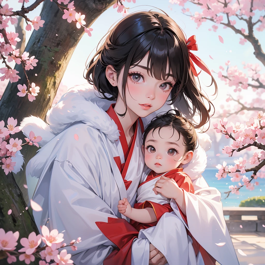 A one-year-old baby boy in an ancient Chinese baby costume with his beautiful mother, dressed in an white ancient Chinese costume, Stroll among the in the middle of cherry blossoms in full bloom, in the middle of cherry blossoms in full bloom, cherry blossoms falling, blowing to the ground, cherry blossoms scattered all over the ground, playing with each other, with his handsome father standing next to his mother, close up.