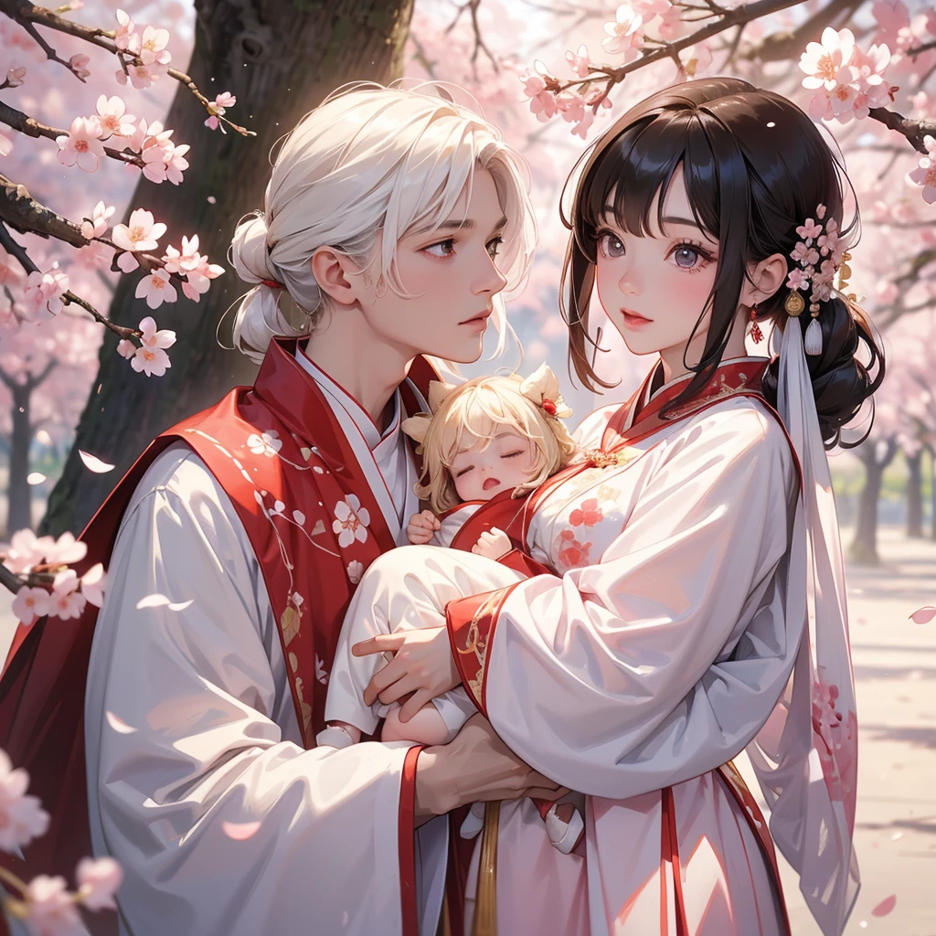 A one-year-old baby boy in an ancient Chinese baby costume with his beautiful mother, dressed in an white ancient Chinese costume, Stroll among the in the middle of cherry blossoms in full bloom, in the middle of cherry blossoms in full bloom, cherry blossoms falling, blowing to the ground, cherry blossoms scattered all over the ground, playing with each other, with his handsome father standing next to his mother, close up.