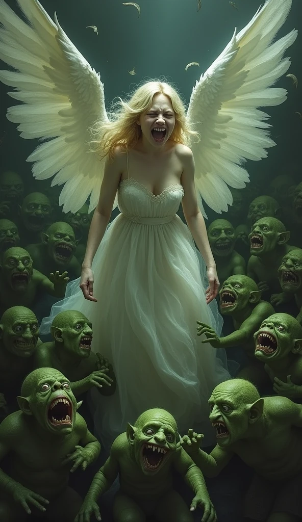 A beautiful, frightened angel screaming amongst ugly green gnomes