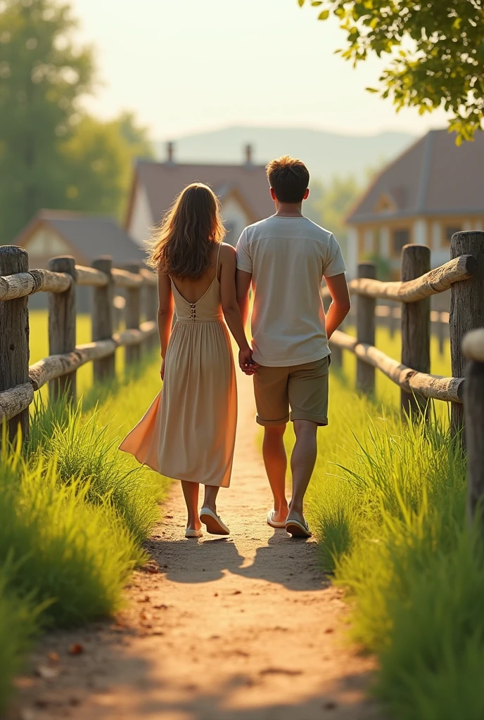 (photorealism:1.2), friendship of two individuals, a woman and a man walking in a village, there is a wooden fence across and green grass