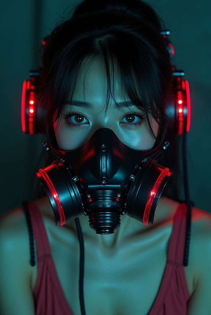 NFSW, photo-realistic, ultra-realistic, very beautiful Japanese, famous Japanese idol, 25 years old, She is restrained, latex BDSM, Vulgar, painful expressions, dramatic scene, masterpiece, beautiful eyes, (extremely intricated with extremely complex futuristic cyber punk mecha armored black latex full-face gas mask with neon sign:1.5), (crying)