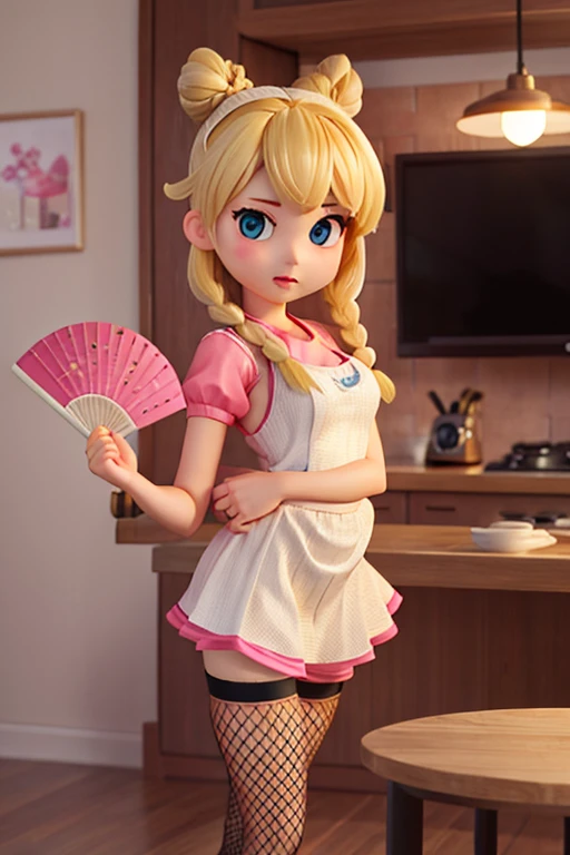 18age、female、Bun Hair、Blonde、Holding a life-sized folding fan、Fishnet tights、Bullish expression、