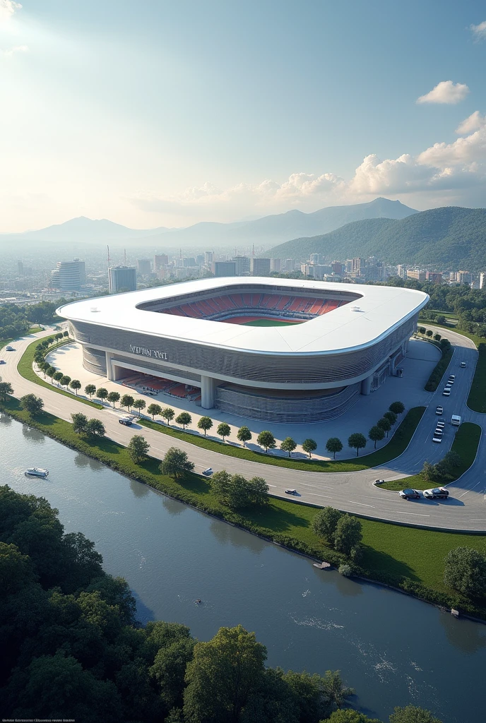 Give me a oblong shaped stadium of 2.2m square ft. And a 50k parking lot and a sun roof that can be open