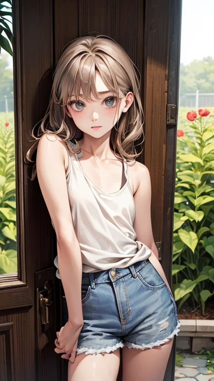 Highest quality、Realistic、zoom、Two people、Alongside、Girls and boys、twins、The same face、cute、Grey Eyes、Light brown hair、、White tank top、Shorts、thin、garden、Cowboy Shot