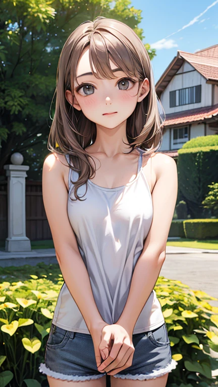 Highest quality、Realistic、zoom、Two people、Alongside、Girls and boys、twins、The same face、cute、Grey Eyes、Light brown hair、、White tank top、Shorts、thin、garden、Cowboy Shot