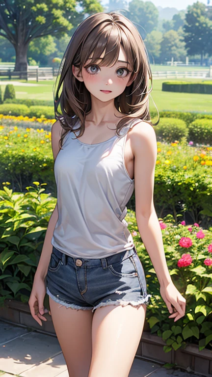 Highest quality、Realistic、zoom、Two people、Alongside、Girls and boys、twins、The same face、cute、Grey Eyes、Light brown hair、、White tank top、Shorts、thin、garden、Cowboy Shot