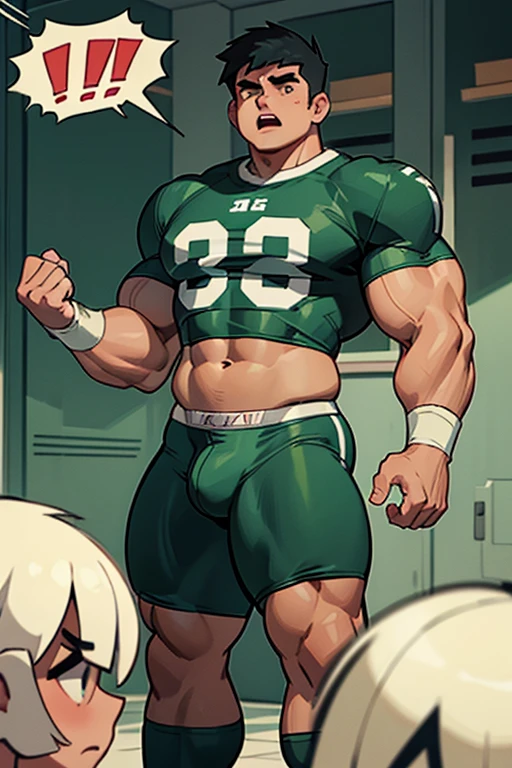 Danny Phantom, ghost, hypnosis, jock, conversion, locker room hallway, hyper muscles, jockstrap, bro, meathead, hypnotized, brainwashed, brainwashing, big dumb jock, football. Danny Fenton is hypnotized by Dash to become another dumb football jock bro. Glowing green eyes. Hyper crotch bulge. Massive bulging crotch. Big balls. Big biceps. Big triceps. Big traps. Broad shoulders. Big meaty pecs. Big thighs. Thick glutes. Football team assimilation. Black hair. Deep dull voice. glazed expression. dumber and dumber. Open mouth. Clothes turning into a football uniform. Forgetting. "I feel like I ... I ... I'm a ... I'm a .... "Bro, I feel ... kinda ... uhhh ... stupid...? Like, ... my head gets ... dumber, and ... dumber, and ... dumber..... I'll ... be dumb ... for Coach.... Bigger and bigger ... dumber and dumber.... Huhuhuh.... Yes, Coach. A good dumb jock is big and dumb. A good dumb jock's what I'll become.... Must grow big..... Must grow dumb.... Don't think.... Obey Coach.... Yes, Coach, I must obey.... The Big Dumb Jocks are here to stay.... Protect the QB. Whatever you say.... Dash, ... is my quarterback.... Dash ... is my bro.... Bully nerds.... Give wedgies.... Be a jerk.... Yes, Coach.... Yes, Dash.... I obey...." IQ drain. Dumber and dumber. Meathead. Musclehead. Brute. Brutification. Brainwashing. Brainwashed. Number 13 football jersey.