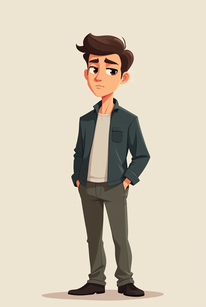 straight stand in serious mode and both hand in pocket cartoon type full body