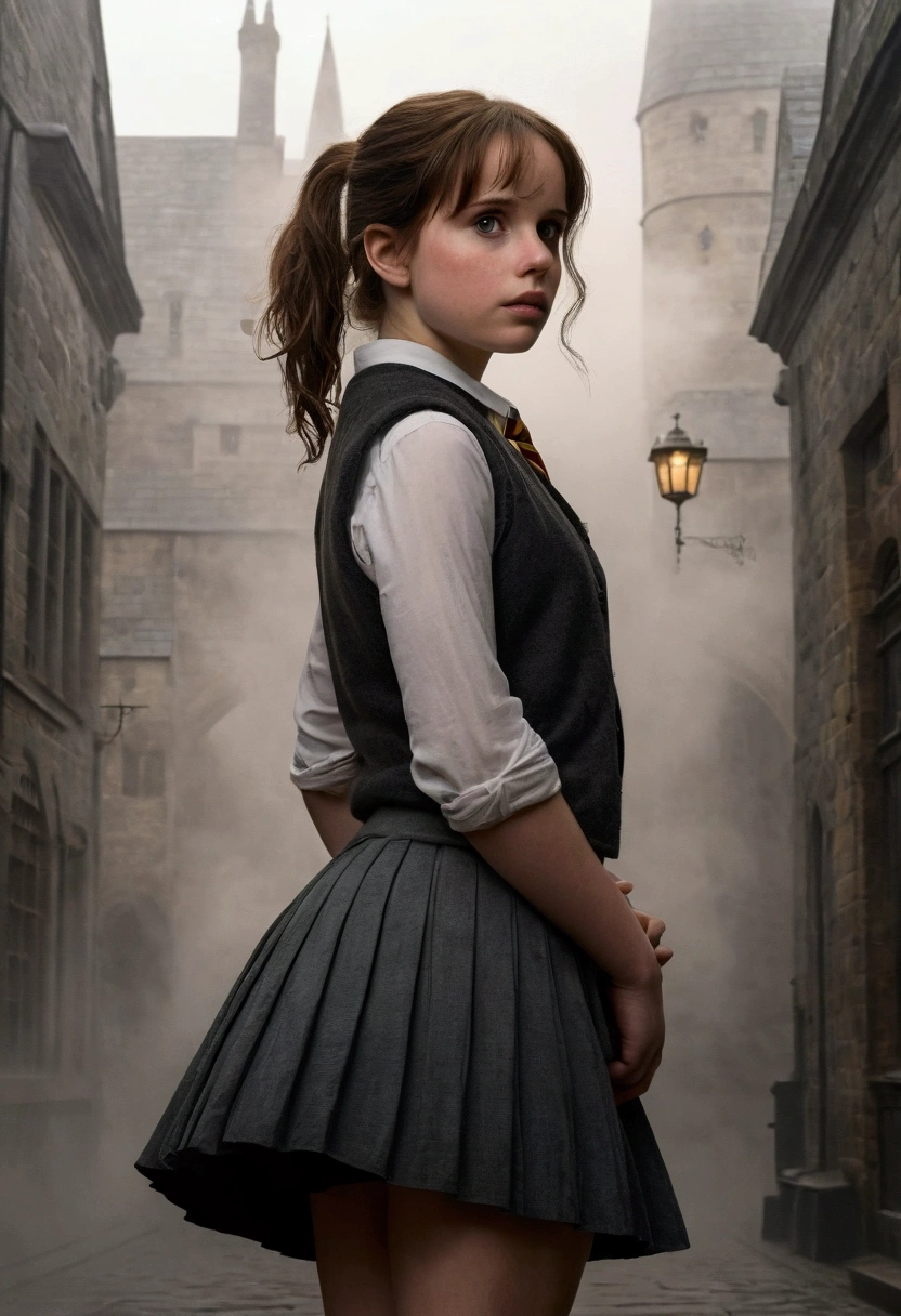 An illustrated movie poster, hand-drawn, full color, a female Hogwarts student, 18 years old, wearing a charcoal vest and a pleated skirt, tall, toned, amazonian stature, athletic hourglass figure, full wide hips, massive round butt, long shapely legs, ridiculously thick powerful thighs, deep dark auburn hair, messy ponytail, flushed sun-kissed complexion, freckles, resembles Felicity Jones, standing in a foggy Hogwarts courtyard, surrounded by mist, graphite shading, stencil marks, airbrushed acrylic paint, masterpiece, in the Deathly Hallows