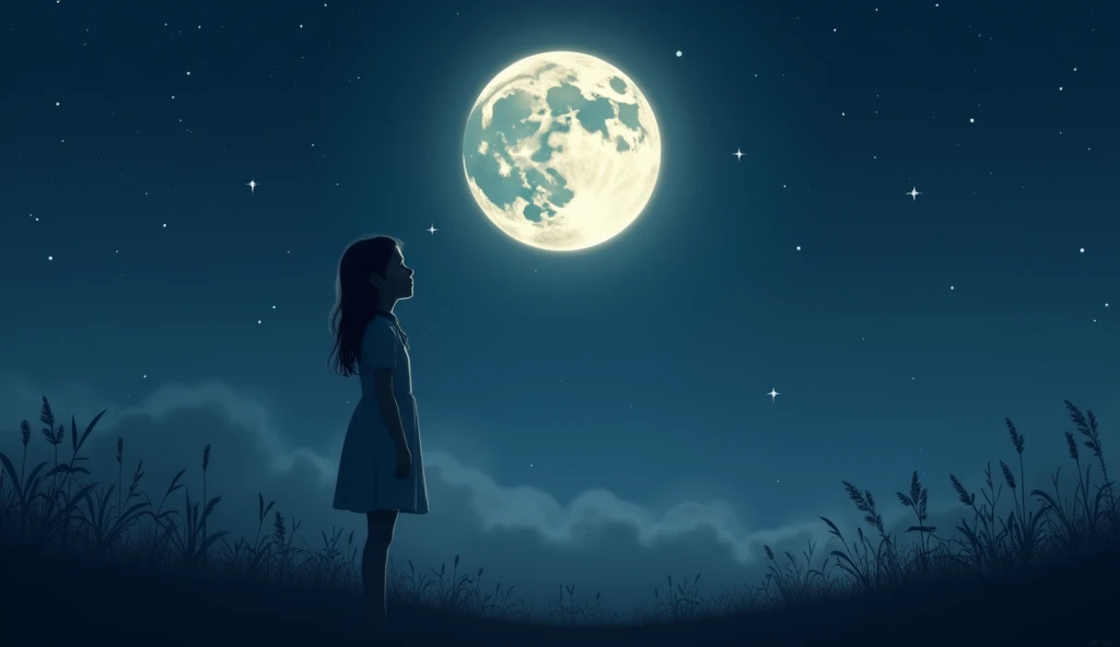 Full moon sky、nigh sky、Girl looking at the sky