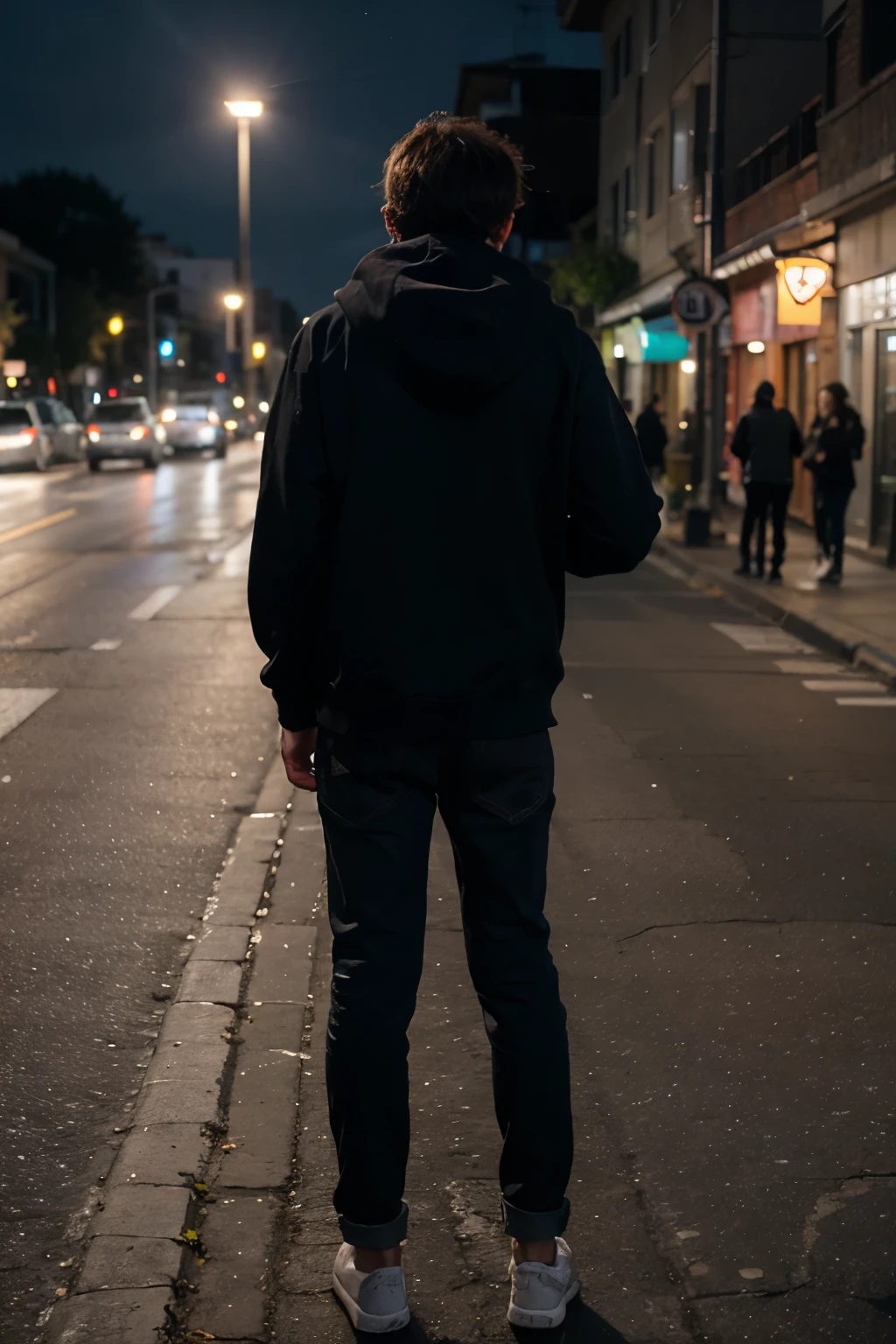 a teenager boy , wearing decent clothes , standing near street lamp , face the opposite direction from the camera, camera view from behind , night time,, a busy road, people standing in background , camera focus on boy , wearing hoodie , face forward

