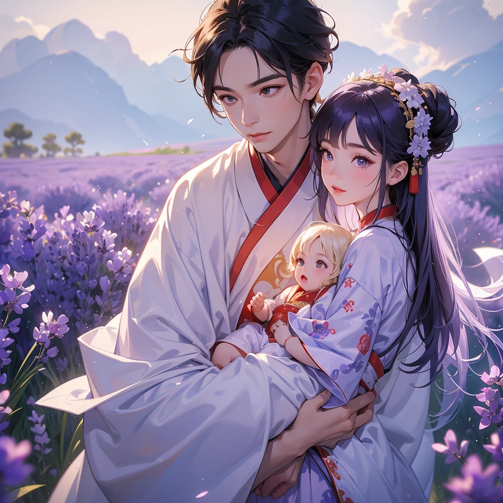 A one-year-old baby boy in an ancient Chinese baby costume with his beautiful mother, dressed in an white ancient Chinese costume, Stroll among the purple lavender fields , There are some floating clouds, playing with each other, with his handsome father standing next to his mother, close up.