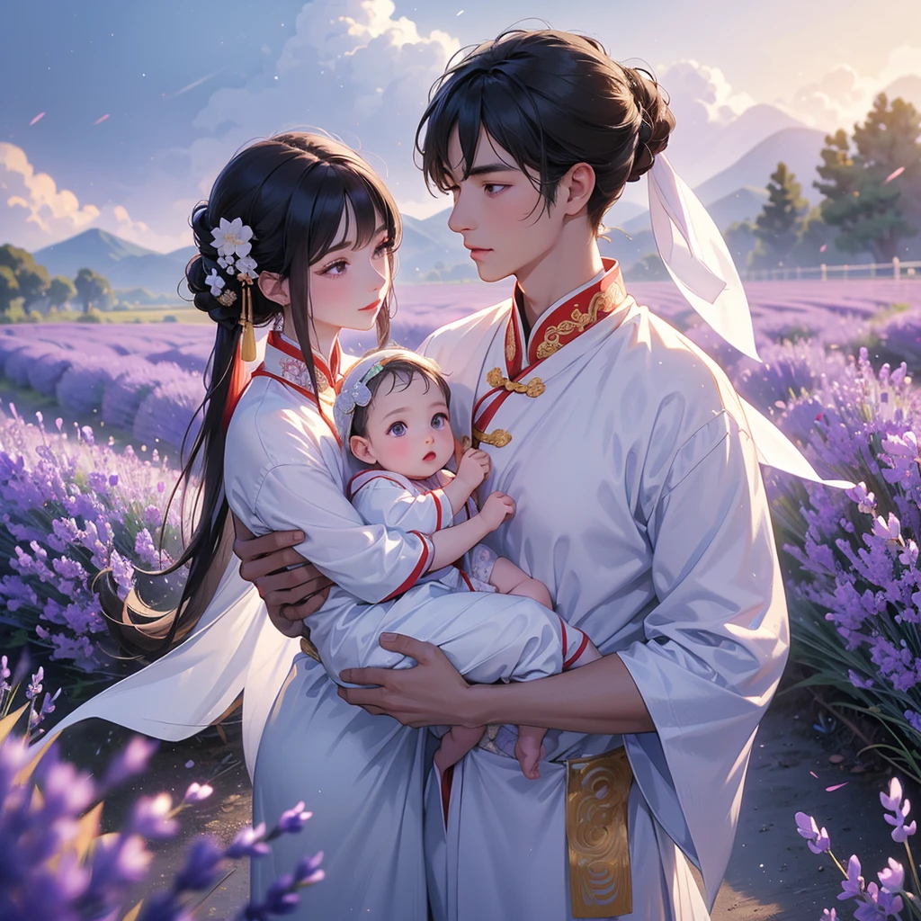 A one-year-old baby boy in an ancient Chinese baby costume with his beautiful mother, dressed in an white ancient Chinese costume, Stroll among the purple lavender fields , There are some floating clouds, playing with each other, with his handsome father standing next to his mother, close up.