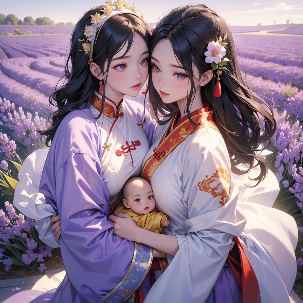A one-year-old baby boy in an ancient Chinese baby costume with his beautiful mother, dressed in an white ancient Chinese costume, Stroll among the purple lavender fields , There are some floating clouds, playing with each other, with his handsome father standing next to his mother, close up.