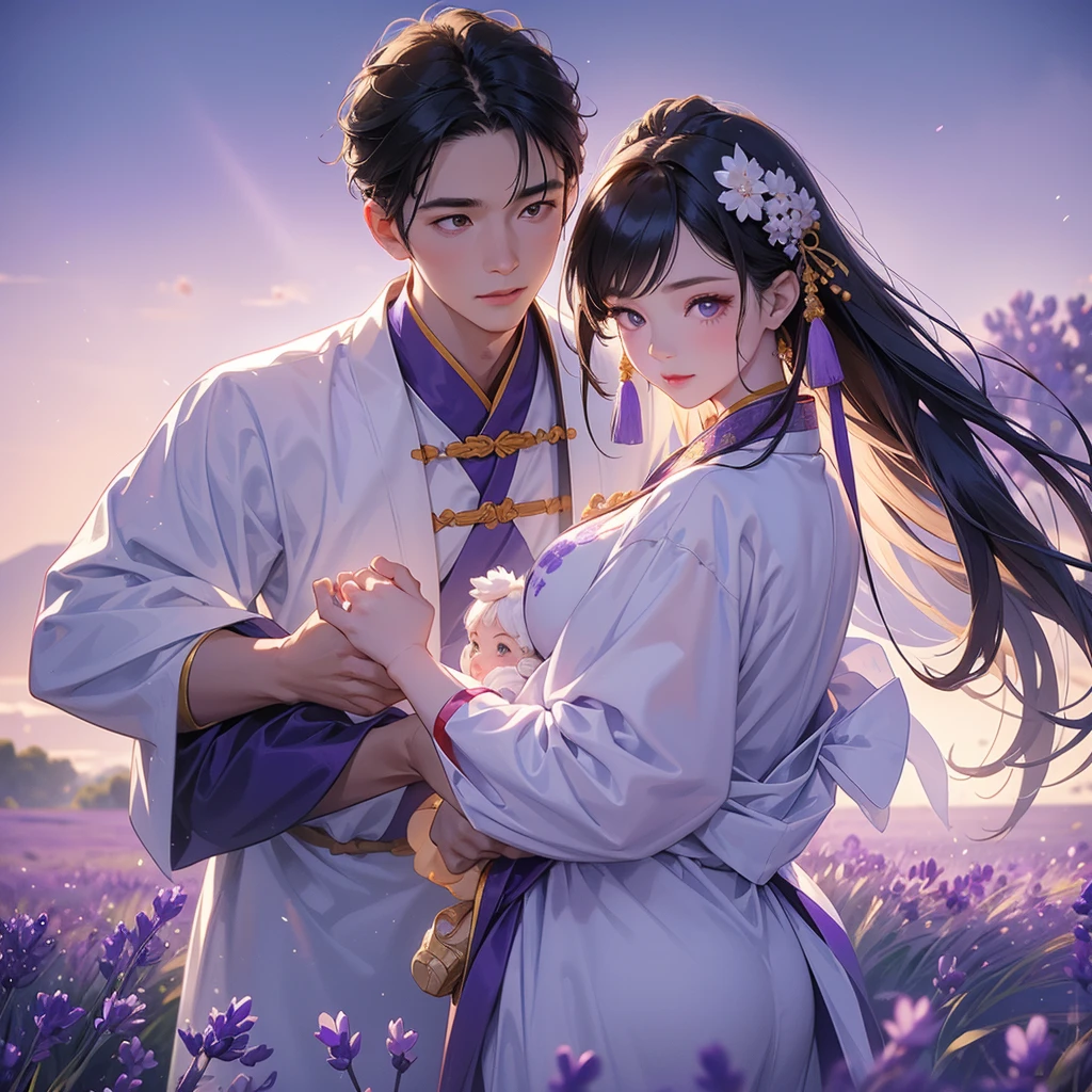 A one-year-old baby boy in an ancient Chinese baby costume with his beautiful mother, dressed in an white ancient Chinese costume, Stroll among the purple lavender fields , There are some floating clouds, playing with each other, with his handsome father standing next to his mother, close up.
