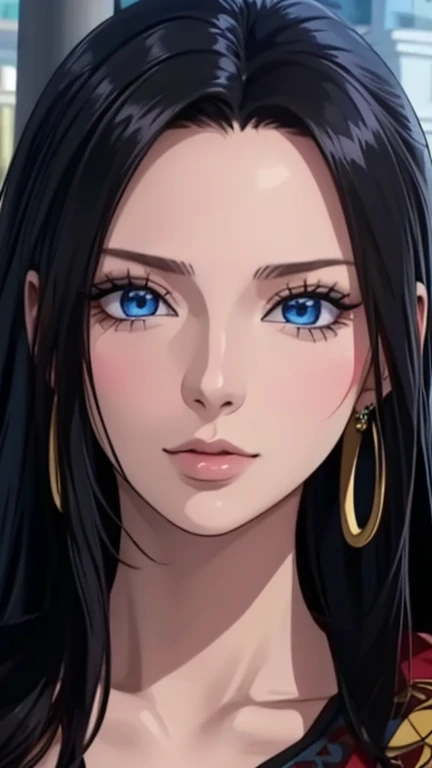 25 year old girl portrait black hair, Russia, beautiful face, perfect face, surreal, Front view, photo-realistic, Boa Hancock, Boa Hancock’s Earrings, Blue Eyes, Long Hair