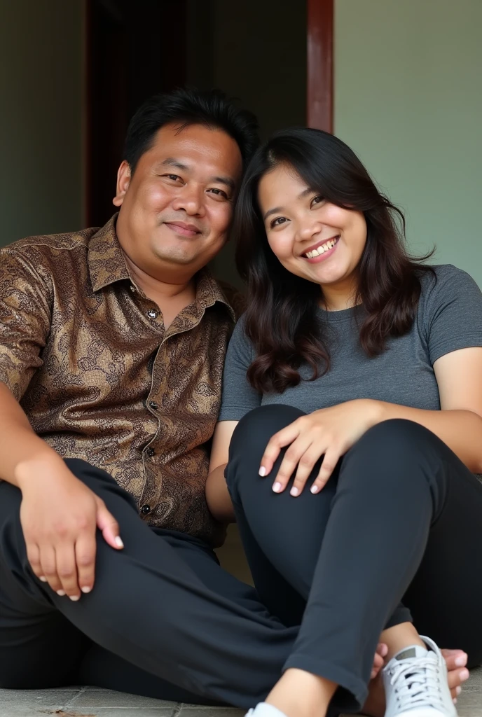 Photography of a slightly fat man aged 25 years old, typical Indonesian, with thin hair, wearing a shiny batik shirt, sitting with a slightly fat woman aged 25 years old, typical Indonesian, wearing a cool t-shirt, pants and shoes, sitting together.