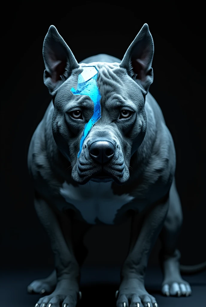 Image of a realistic American Bully XL dog in grayscale and electric blue, with half a skeleton face, with broken glass details, on black background