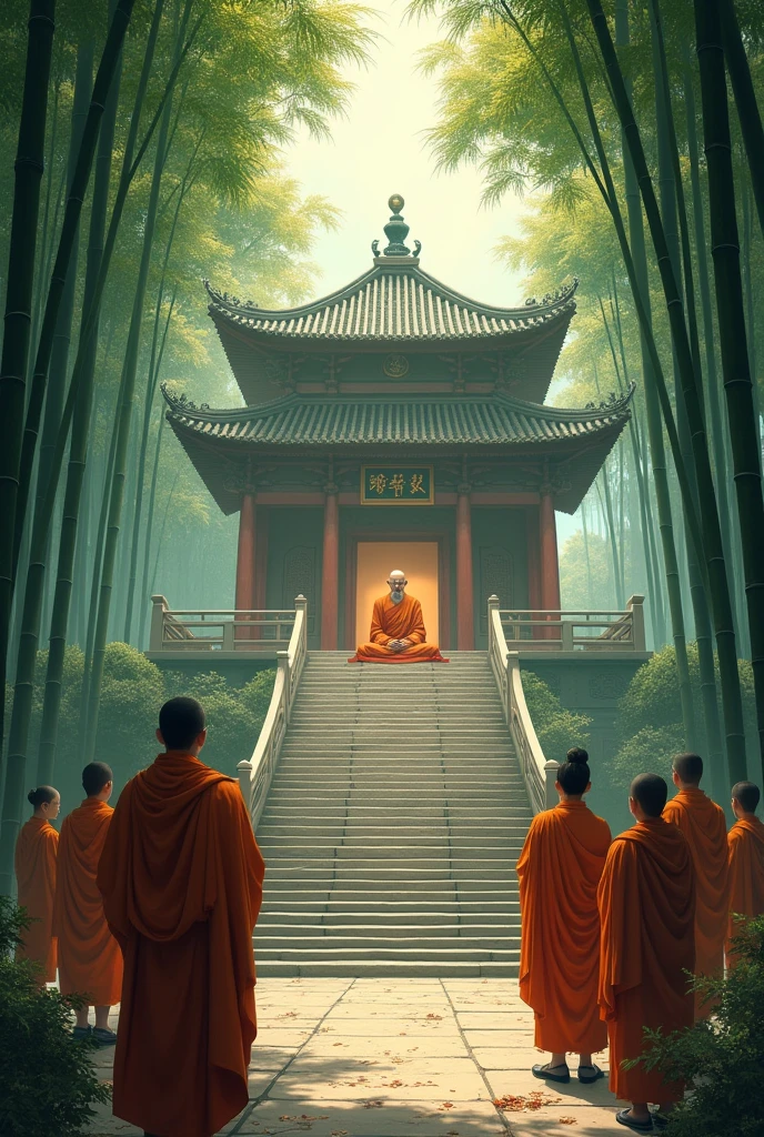 Buddhists gathered around the Master to pay homage. Surrounding the temple is a bamboo forest. The path up to the temple is a winding staircase in the middle of a bamboo forest.
