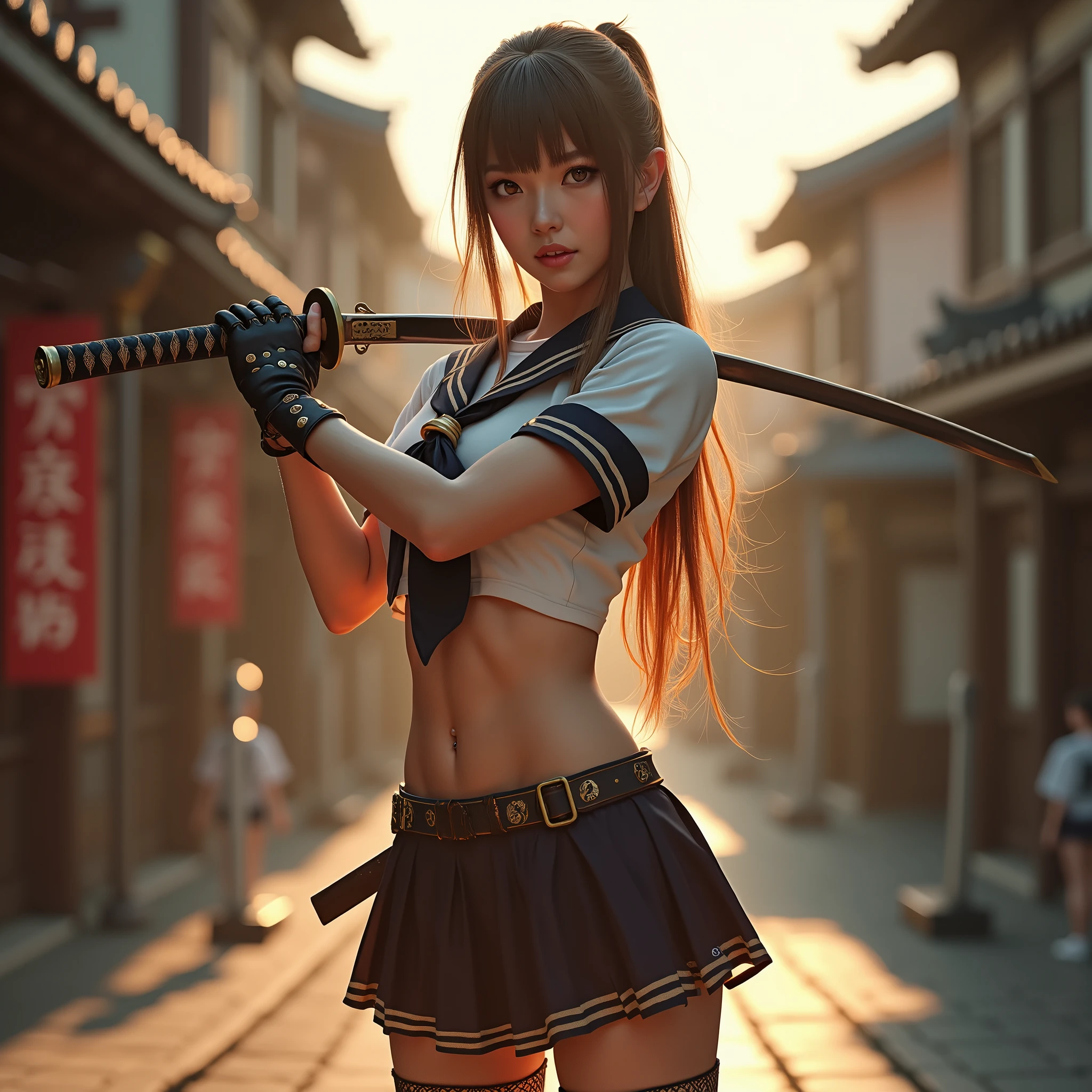 Browsing Caution:-2, Realistic, legs apart:1.21, Photorealistic, Highly realistic photos, Portrait of a Japanese woman with a Japanese sword:1.21, Elegant appearance, Cool woman, Cute Japanese woman'顔:1.21, Beautiful Japanese woman face:1.21, (She is brandishing a Japanese sword.:1.5), Female Swordsman, female killer, There's a lot of blood on her body.:1.37, sexy, Confident face, (Above the knee shot.:1.21), (Realistic photos:1.4), (masterpiece, Highest quality:1.2), RAW Photos, 32K High Resolution, Intricate details,Very detailed, (Flat Chest:1.21), Gazing at the audience, Tight waist, Cute 顔, Light brown hair, (Straight Long Hair:1.21), With drooping bangs, School uniforms, Sailor uniforms from famous Tokyo Metropolitan High Schools, Short sleeve clothing, Short-sleeved sailor uniform:1.21, sera fuku:1.21, The upper body is wearing a uniform:1.21, Show me your belly:1.21, Micro Mini Skirt:1.21, Belly button piercing:1.21, I can see her white panties:1.21, Knee-high fishnet stockings, Long Boots Bust Top Float, Sharp eyebrows:1.37, Pink lipstick:0.95, Detailed face, Hostility, Pale skin:1.21, Fine skin, Glowing Skin:1.21, On the outdoor set of a historic film studio, On a set of wide city streets, A set of old Japanese houses in the background, Sunny daytime, Rays of light run through her body:1.37, Ray Tracing, Emotional, Dynamic and cinematic lighting, Browsing Caution:-2