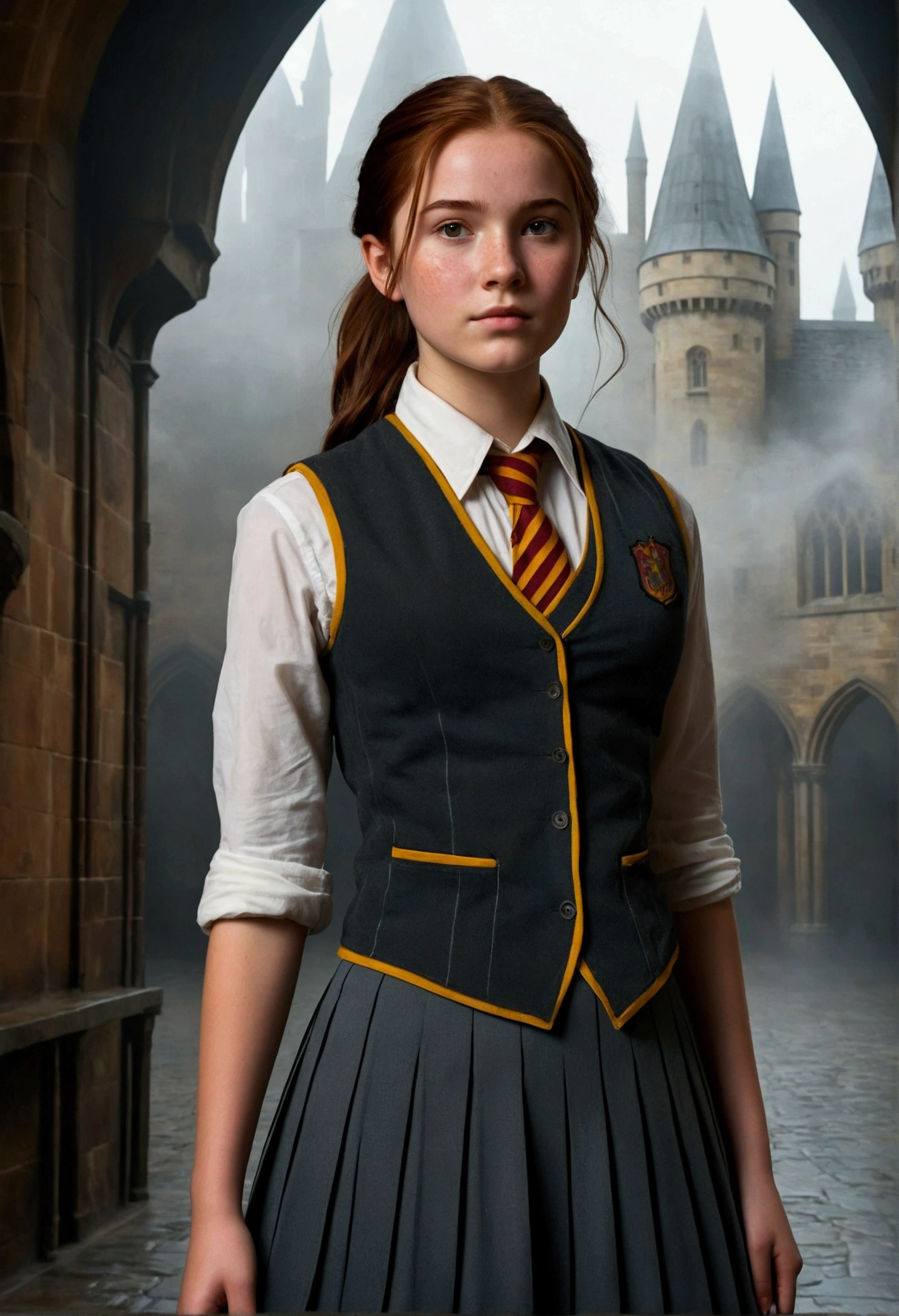An illustrated movie poster, hand-drawn, full color, a female Hogwarts student, 18 years old, wearing a charcoal vest and a pleated skirt, tall, toned, amazonian stature, athletic hourglass figure, full wide hips, massive round butt, long shapely legs, ridiculously thick powerful thighs, deep dark auburn hair, messy ponytail, flushed sun-kissed complexion, freckles, standing in a foggy Hogwarts courtyard, surrounded by mist, graphite shading, stencil marks, airbrushed acrylic paint, masterpiece, in the Deathly Hallows