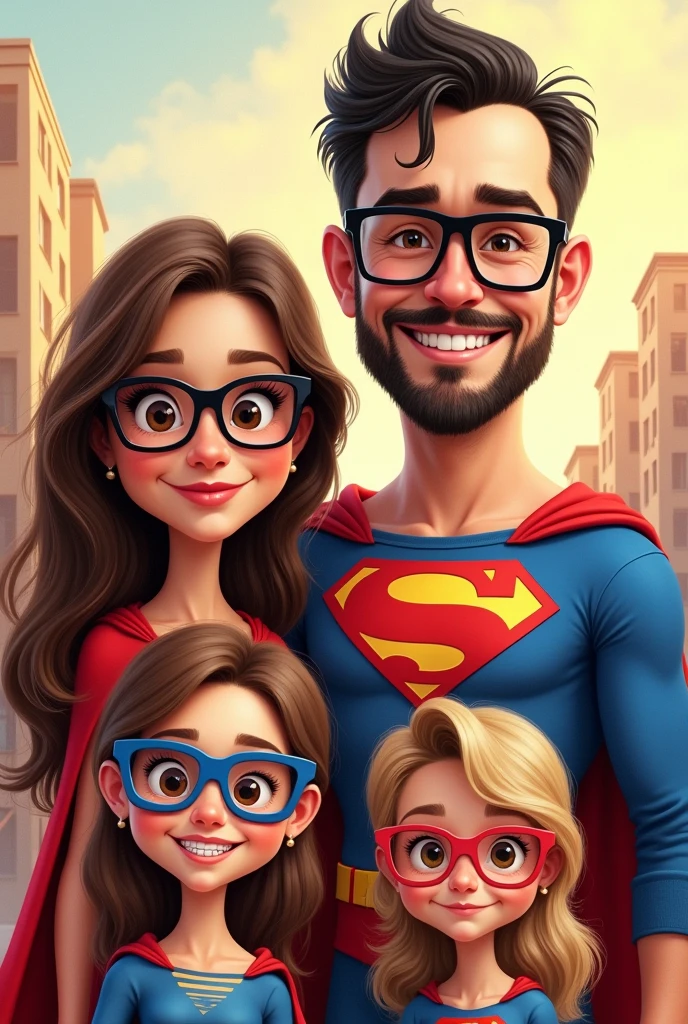 créer une photo de famille caricature avec une maman déguiser en super maman brune yeux marron et des lunette carré noir , le papa en super papa cheveux noir en arrière court et une barbe courte sans lunette, une adolescente de 11ans en super adolescente brune cheveux long avec des lunettes carré bleu, une appareil dentaire sur les dents du haut qui prend soin d'elle et une de 4 ans en super râleuse blonde cheveux long avec des petites lunettes ronde rose