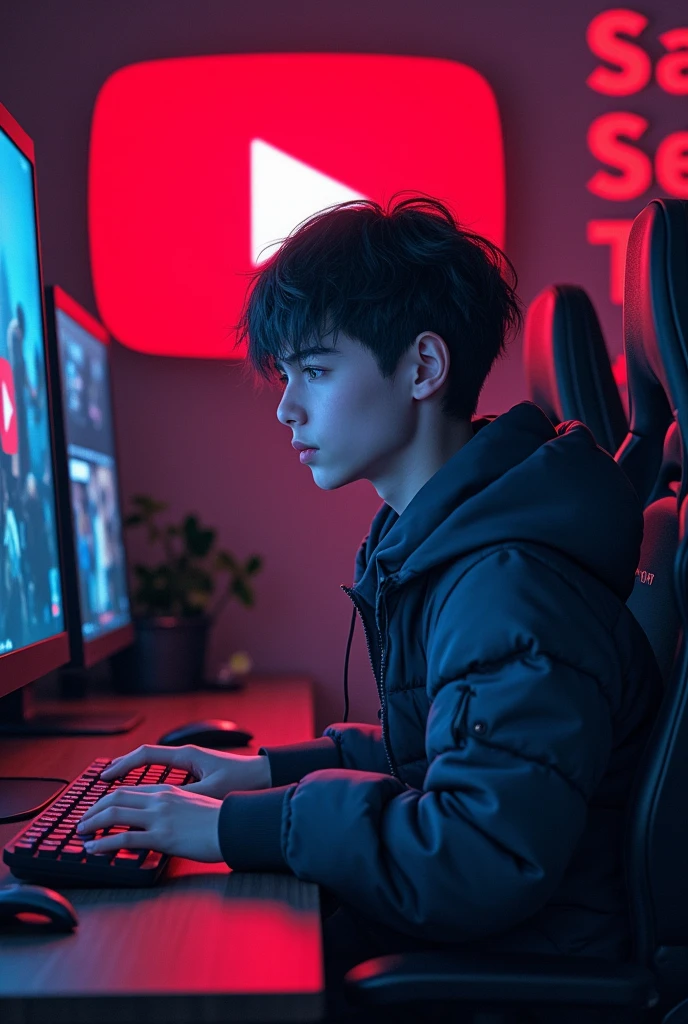 Create a hacker anime boy youtuber sitting on the computer chair watching me,
Back name as SAM TECH YT with red letters in background with YouTube logo playing free fire game