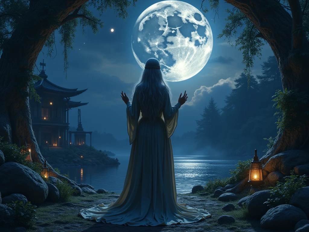 a portrait of a female druid praying at night to the moon goddess, an exquisite beautiful woman, an exotic beautiful druid, priestess of nature, ultra feminine, full body, busty woman, most beautiful face ultra detailed face, ((anatomically correct: 1.5)) ultra detailed face, dynamic hair color, dynamic hair style, dynamic skin complexion, (best detailed face: 1.5), wearing a long robe, praying at night to the moon goddess, it is night time, the moon is full. enchanted moon, divine moon, some stars, the night sky are in shades of black, dark blue and purple, some clouds, divine rays, moon rays, (fantasy temple of nature: 1.3) background, a river running near the temple, the moon reflected in the water, vibrant, Ultra-high resolution, High Contrast, (masterpiece:1.5), highest quality, Best aesthetics), best details, best quality, highres, ultra wide angle, 16k, [ultra detailed], masterpiece, best quality, (extremely detailed), 