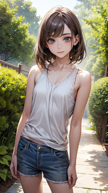 Highest quality、Realistic、zoom、Two people、Alongside、Girls and boys、twins、brother、The same face、Same height、cute、Grey Eyes、Light brown hair、、White tank top、Shorts、thin、garden、Cowboy Shot