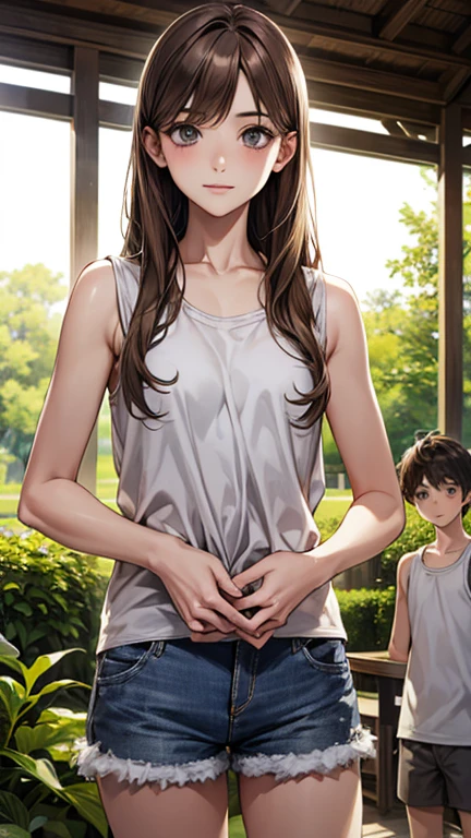 Highest quality、Realistic、zoom、Two people、Alongside、Girls and boys、twins、brother、The same face、Same height、cute、Grey Eyes、Light brown hair、、White tank top、Shorts、thin、garden、Cowboy Shot