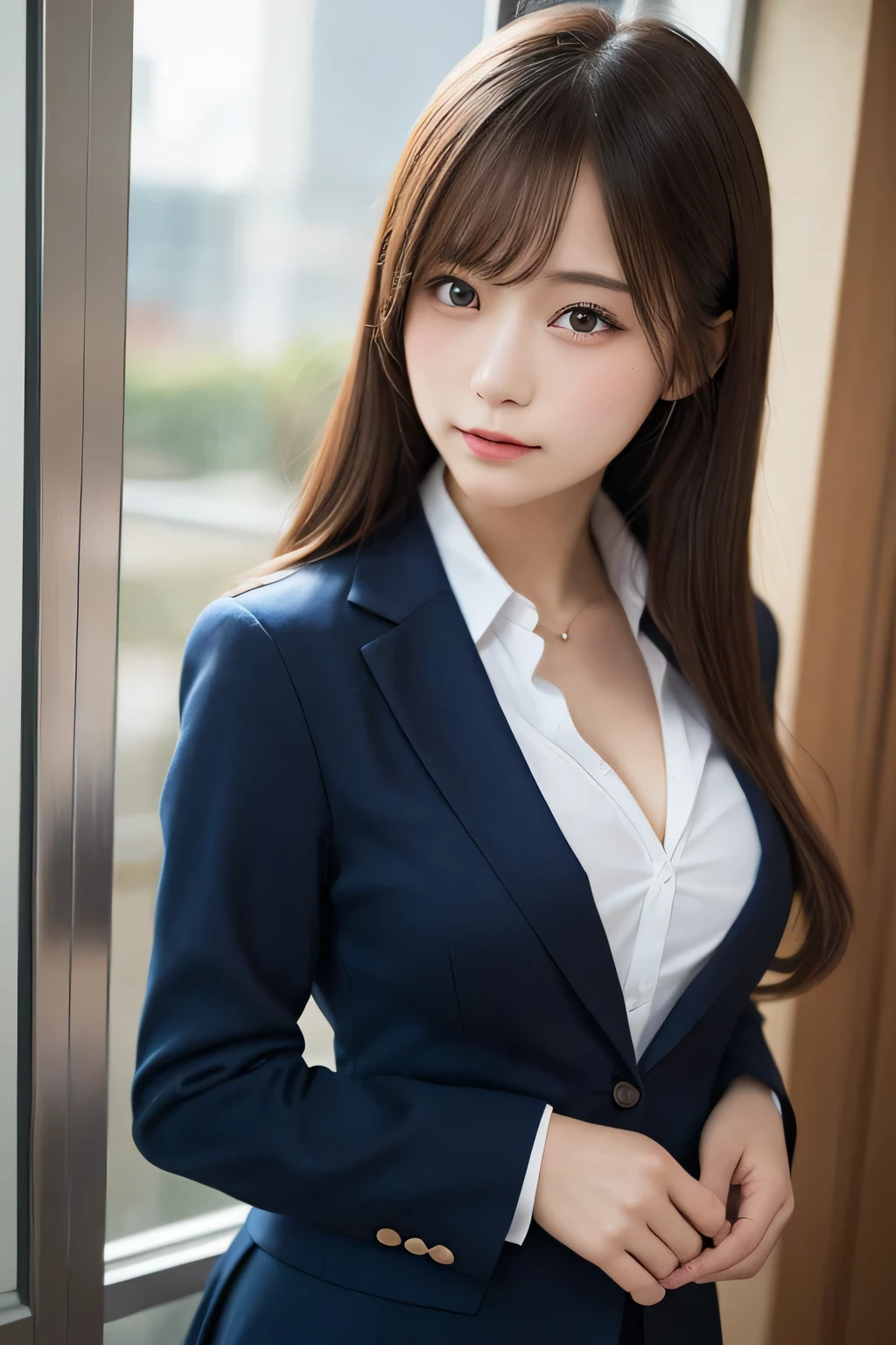 masutepiece, Best Quality, Illustration, Ultra-detailed, finely detail, hight resolution, 8K Wallpaper, Perfect dynamic composition, Beautiful detailed eyes, Natural Lip,Blazer ,School uniform, cleavage, Full body, 大きな胸,