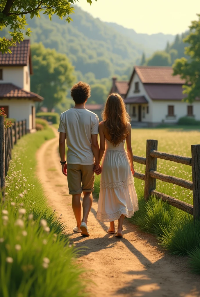 (photorealism:1.2), friendship of two individuals, a woman and a man walking in a village, there is a wooden fence across and green grass