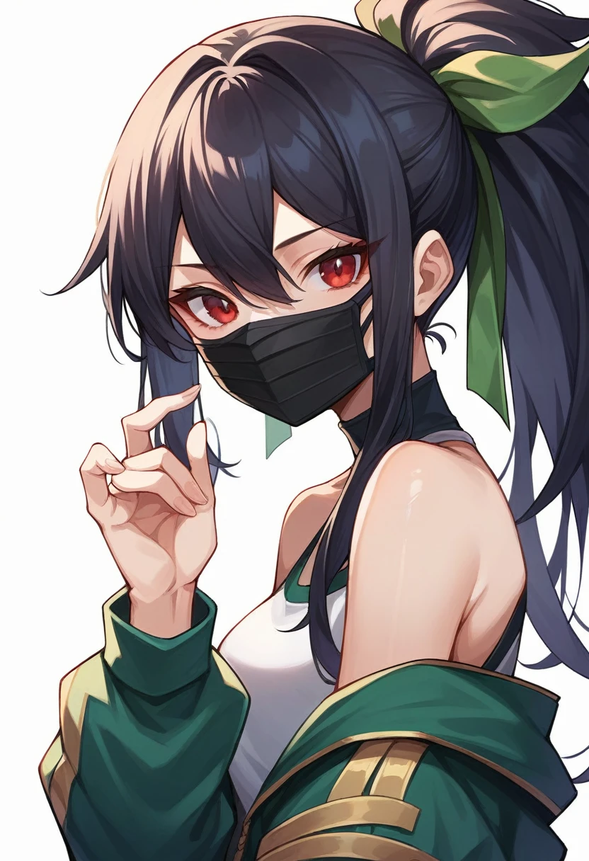 1girl, akali, bangs, bare shoulders, black background, black hair, green ribbon, hair between eyes, hair ribbon, hand up, long hair, looking at viewer, mask, mouth mask, multiple views, ponytail, red eyes, ribbon, shiny, shiny hair