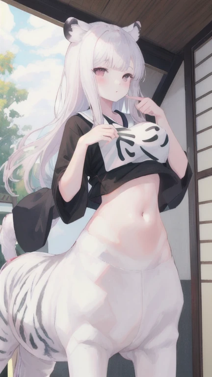 (best quality, masterpiece), 1 girl, centaur, I beg, White skin, Japanese schoolgirl,daughter,black pink, exposing the abdomen, belly on t-shirt , beautiful girl perfect, White tiger photo, 완벽한 White tiger photo