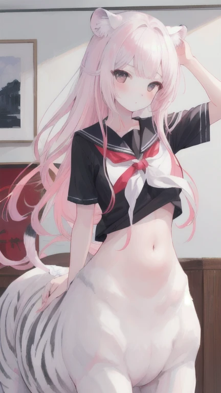(best quality, masterpiece), 1 girl, centaur, I beg, White skin, Japanese schoolgirl,daughter,black pink, exposing the abdomen, belly on t-shirt , beautiful girl perfect, White tiger photo, 완벽한 White tiger photo