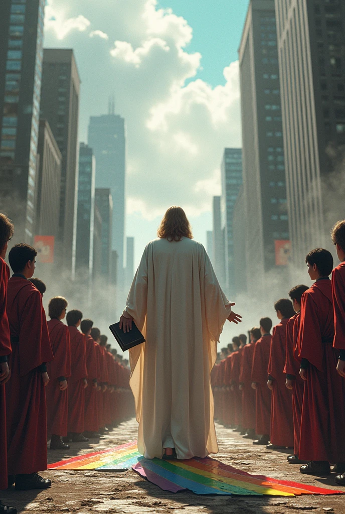 A crowd is on their knees with a rainbow sign and lying in two pieces on the ground in front of a strong man in white robes with a bible in his hand with shoulder-length hair in the middle of a city