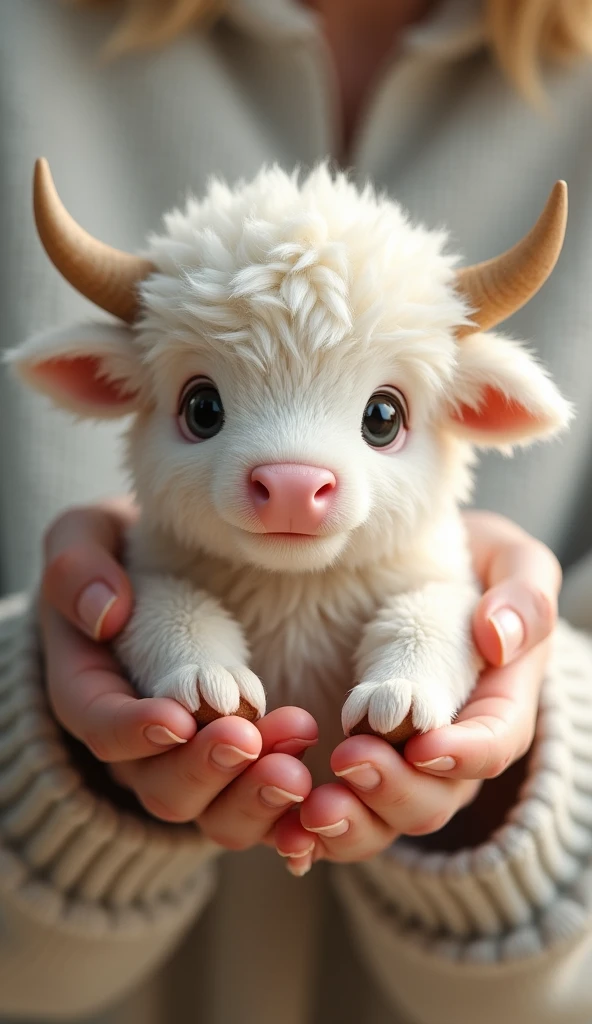 A pair of hands holding a cute white Scottish Highland cow，Hairy on the body