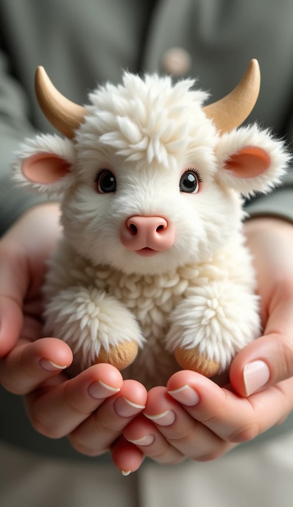 A pair of hands holding a cute white Scottish Highland cow,Hairy on the body