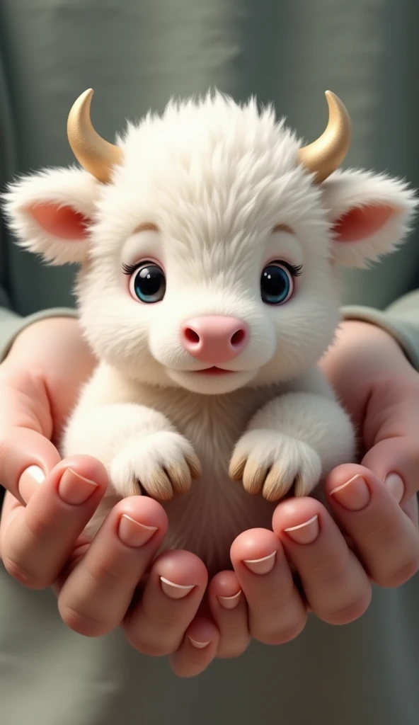 A pair of hands holding a cute white Scottish Highland cow,Hairy on the body