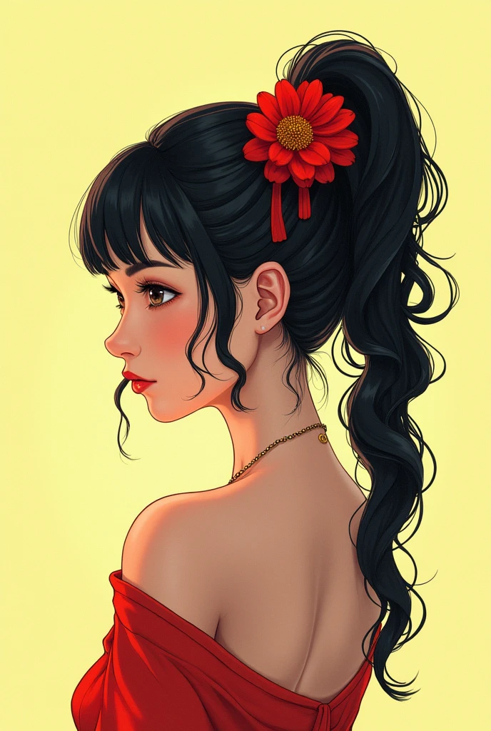 myself, yellow_student, +_+, black_hair, expensive_ponytail, red_flower_hair_ornament, masterpiece, Highest quality, Very detailed, figure, alone, One person