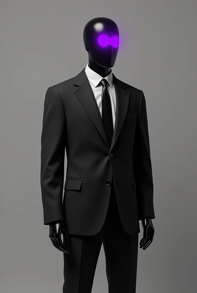 ALL BLACK MANNEQUIN IN A SUIT WITH A PURPLE BADGE OVER THE EYES SEEN FROM THE FULL BODY DOWN TO THE FEET