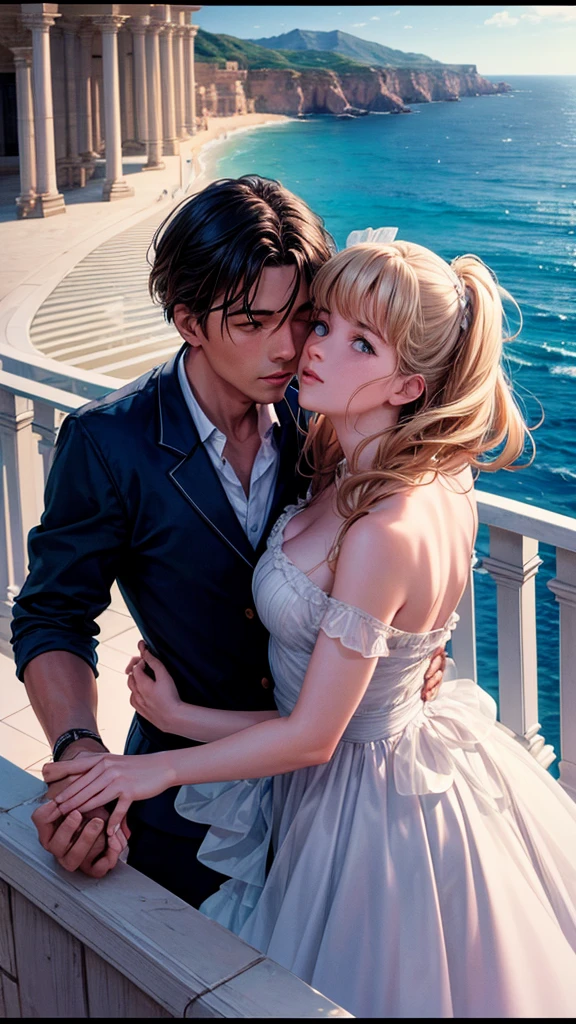 there is a man and woman hugging on a balcony by the ocean, high quality film still, high resolution film still, overlooking the ocean, shot with a arriflex 35 ii, film still, hugging, very realistic film still, 35mm film still from 1994, petra collins and mc. escher, movie film still, film shot