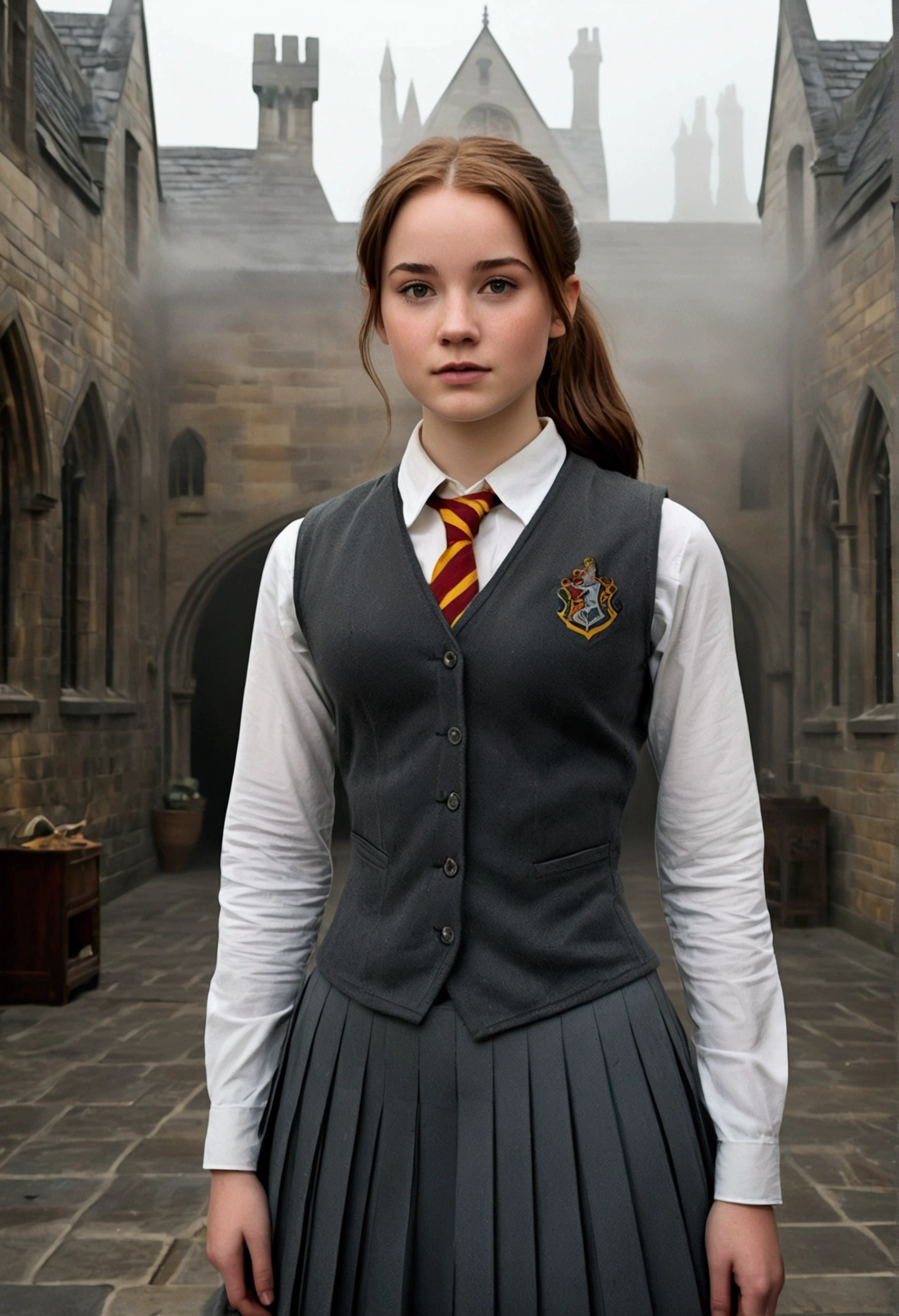 An illustrated movie poster, hand-drawn, full color, a female Hogwarts student, 18 years old, wearing a charcoal vest and a pleated skirt, tall, toned, amazonian stature, athletic hourglass figure, full wide hips, massive round butt, long shapely legs, ridiculously thick powerful thighs, deep dark auburn hair, messy ponytail, flushed sun-kissed complexion, freckles, resembles Genevieve O'Reilly, standing in a foggy Hogwarts courtyard, surrounded by mist, graphite shading, stencil marks, airbrushed acrylic paint, masterpiece, in the Deathly Hallows 