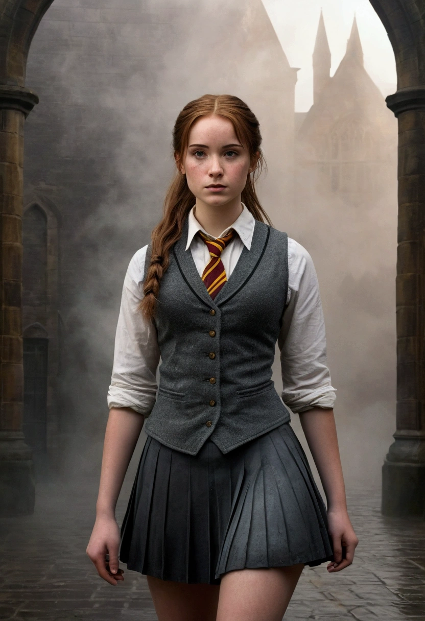 An illustrated movie poster, hand-drawn, full color, a female Hogwarts student, 18 years old, wearing a charcoal vest and a pleated skirt, tall, toned, amazonian stature, athletic hourglass figure, full wide hips, massive round butt, long shapely legs, ridiculously thick powerful thighs, deep dark auburn hair, messy ponytail, flushed sun-kissed complexion, freckles, resembles Genevieve O'Reilly, standing in a foggy Hogwarts courtyard, surrounded by mist, graphite shading, stencil marks, airbrushed acrylic paint, masterpiece, in the Deathly Hallows