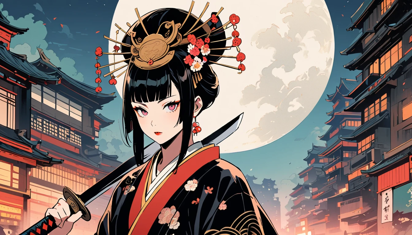 Ink Painting, (((1 person、1 person))),(((The dawn moon is visible in the background))), (((Dressed as a samurai))), (((Holding a sword))), (((Oiran))), (((Great hair accessories))), Demonic Possession, (((Cherry colored eyes、Engraved on the inside))),Bring your face closer, The Beauty of Japan, Gray Hair, Sensitive and accurate, Modern ukiyo-e style, Highest quality, beautiful girl, Black Hair, Sensitive and accurate, Modern ukiyo-e style, Cyberpunk City