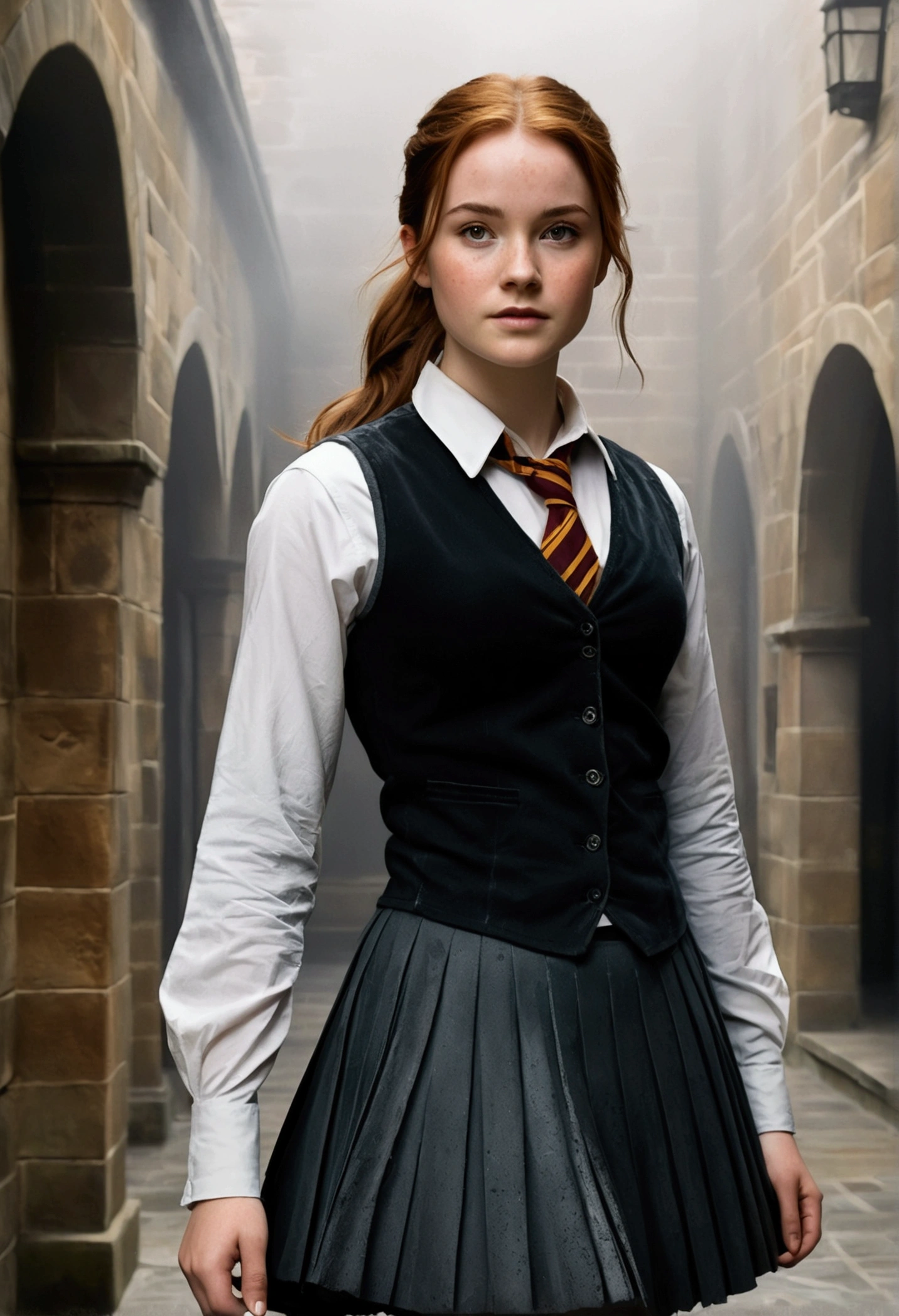 An illustrated movie poster, hand-drawn, full color, a female Hogwarts student, 18 years old, wearing a charcoal vest and a pleated skirt, tall, toned, amazonian stature, athletic hourglass figure, full wide hips, massive round butt, long shapely legs, ridiculously thick powerful thighs, deep dark auburn hair, messy ponytail, flushed sun-kissed complexion, freckles, resembles Genevieve O'Reilly, standing in a foggy Hogwarts courtyard, surrounded by mist, graphite shading, stencil marks, airbrushed acrylic paint, masterpiece, in the Deathly Hallows