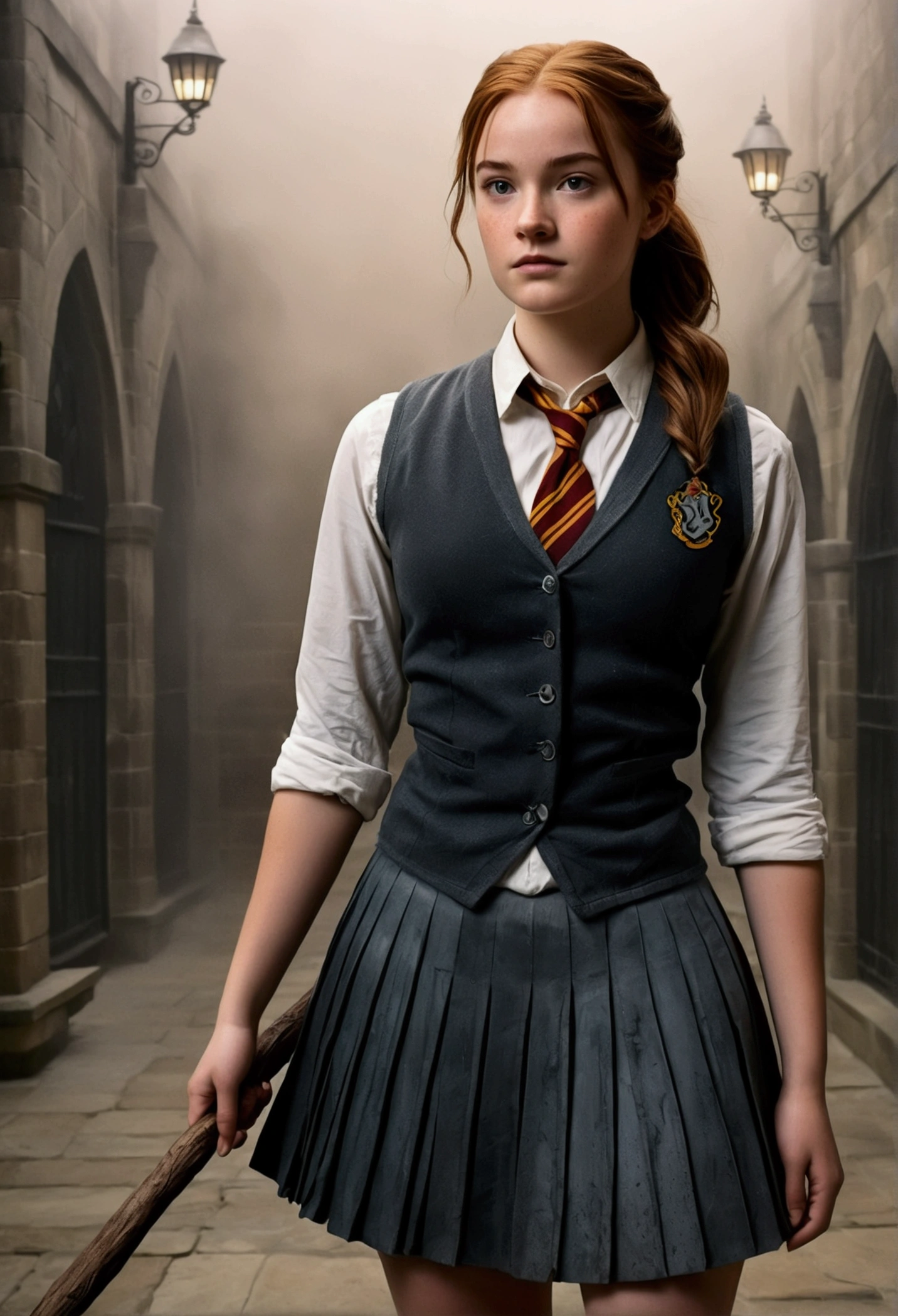 An illustrated movie poster, hand-drawn, full color, a female Hogwarts student, 18 years old, wearing a charcoal vest and a pleated skirt, tall, toned, amazonian stature, athletic hourglass figure, full wide hips, massive round butt, long shapely legs, ridiculously thick powerful thighs, deep dark auburn hair, messy ponytail, flushed sun-kissed complexion, freckles, resembles Genevieve O'Reilly, standing in a foggy Hogwarts courtyard, surrounded by mist, graphite shading, stencil marks, airbrushed acrylic paint, masterpiece, in the Deathly Hallows 