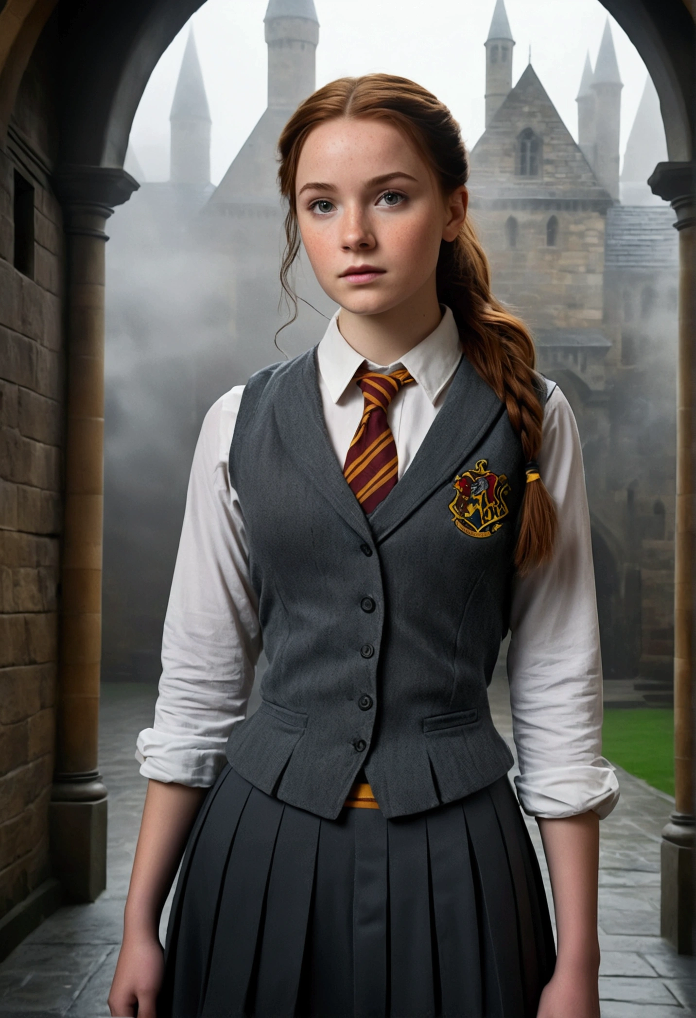 An illustrated movie poster, hand-drawn, full color, a female Hogwarts student, 18 years old, wearing a charcoal vest and a pleated skirt, tall, toned, amazonian stature, athletic hourglass figure, full wide hips, massive round butt, long shapely legs, ridiculously thick powerful thighs, deep dark auburn hair, messy ponytail, flushed sun-kissed complexion, freckles, resembles Genevieve O'Reilly, standing in a foggy Hogwarts courtyard, surrounded by mist, graphite shading, stencil marks, airbrushed acrylic paint, masterpiece, in the Deathly Hallows