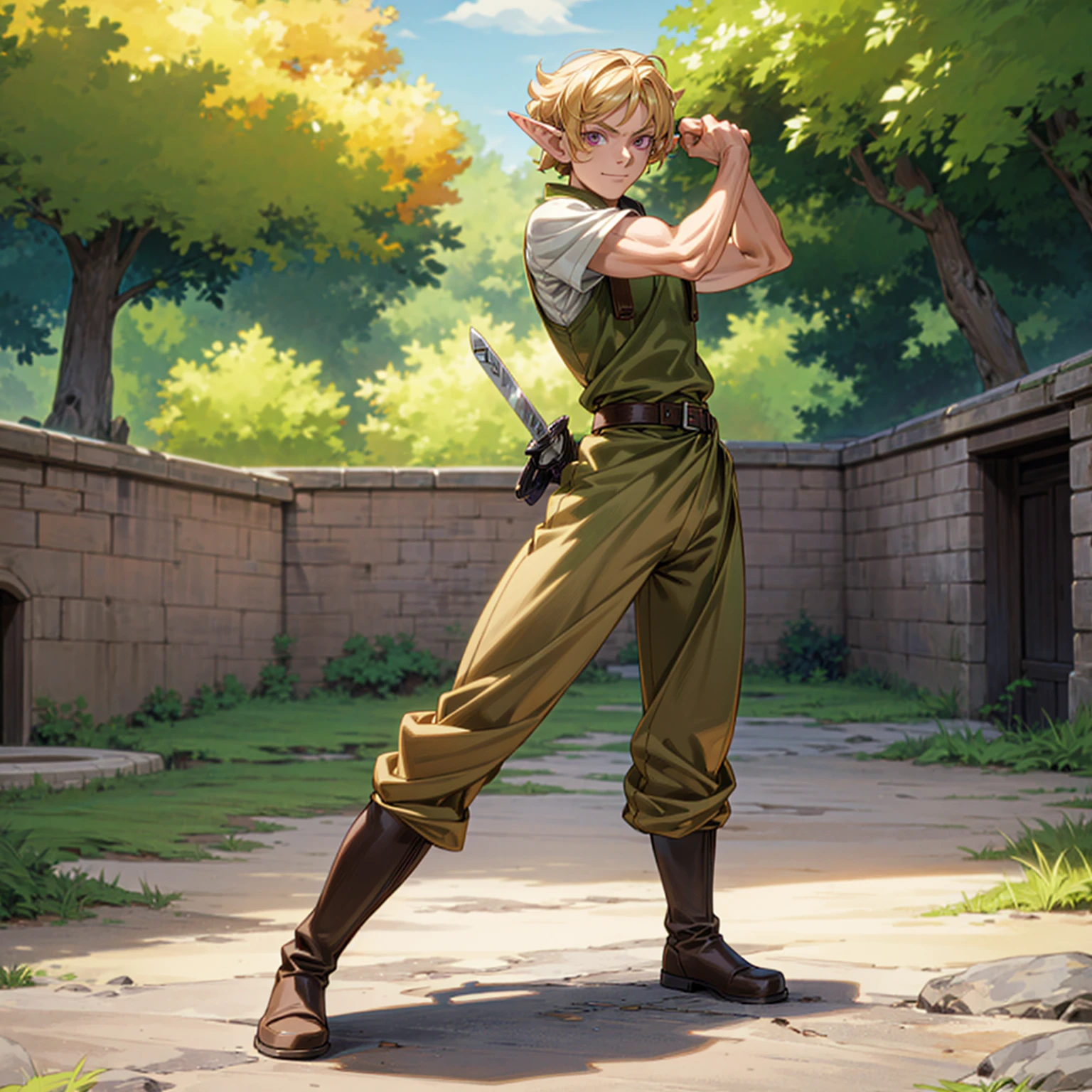 Solo character, full body version, young man, muscle, (elf), purple eyes, blonde color hair, Curly haircut, soldier clothing, brown long pants, boots, outdoor, town, detailed background, detailed clothing, detailed hair, muscle, standing gesture, (food wars style art, one piece style art), happy eyes, Sword in hand 